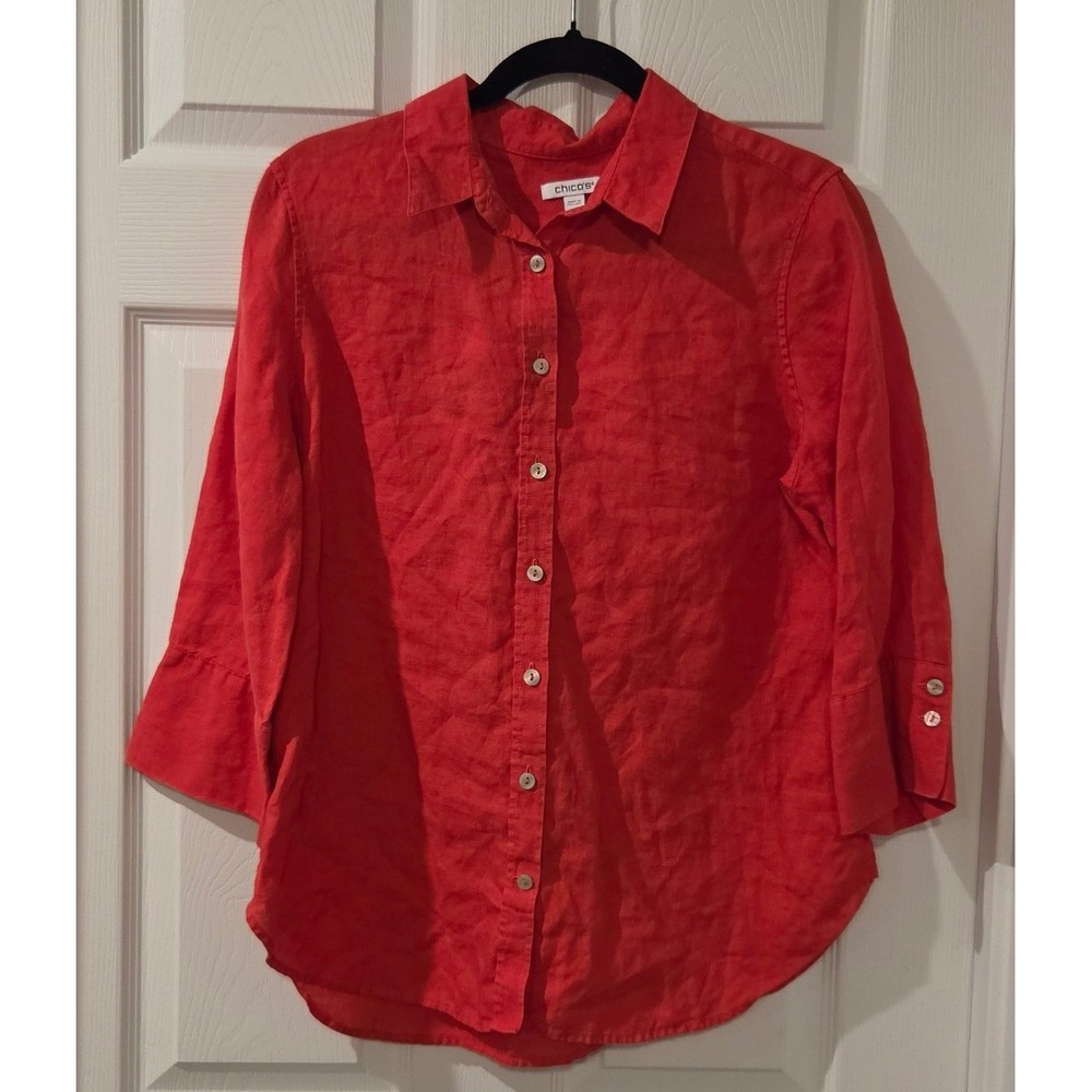 Chicos Red 100% Linen Button Down Shirt 3/4 Sleeve Size 1 US 8 570367208 - Picture 2 of 8